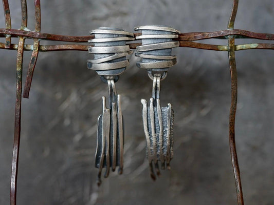 Remnants/ withered series, vertical stripes sterling silver earrings