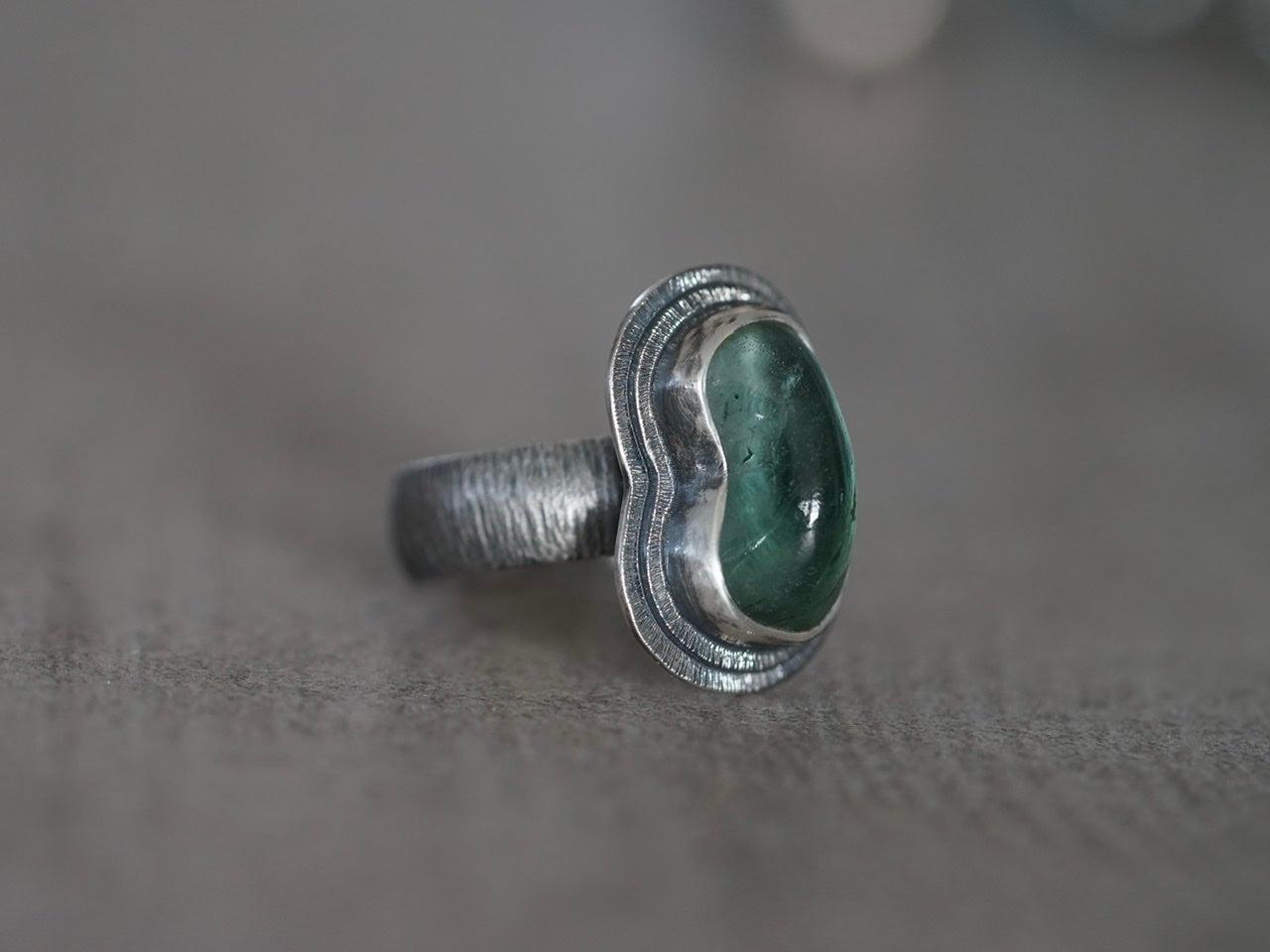 Carved teal tourmaline ring, size 7.25