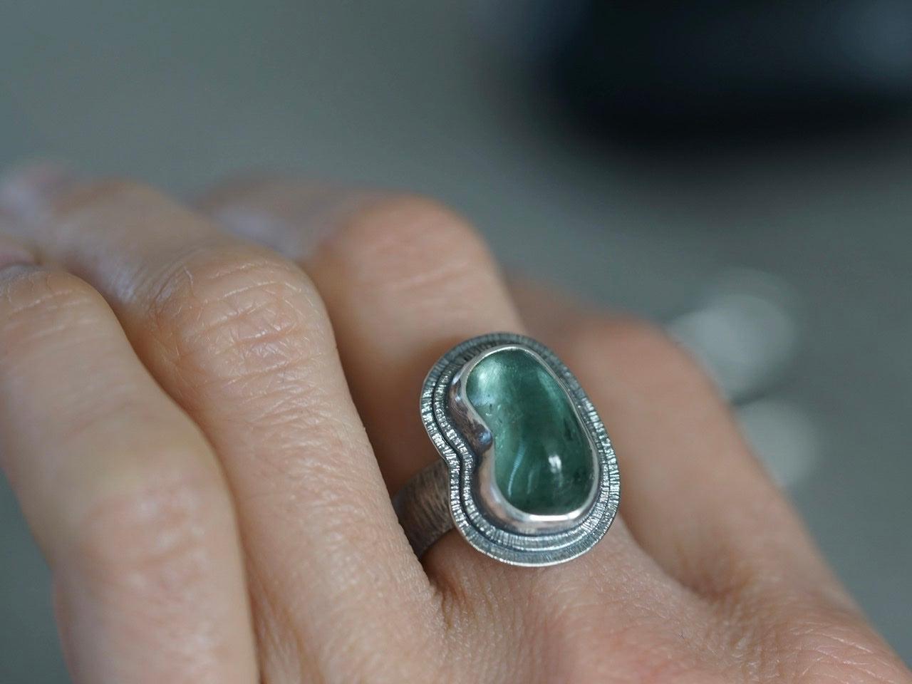 Carved teal tourmaline ring, size 7.25