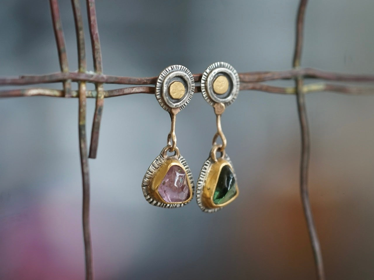 Asymmetrical tourmaline and spinel post earrings with gold