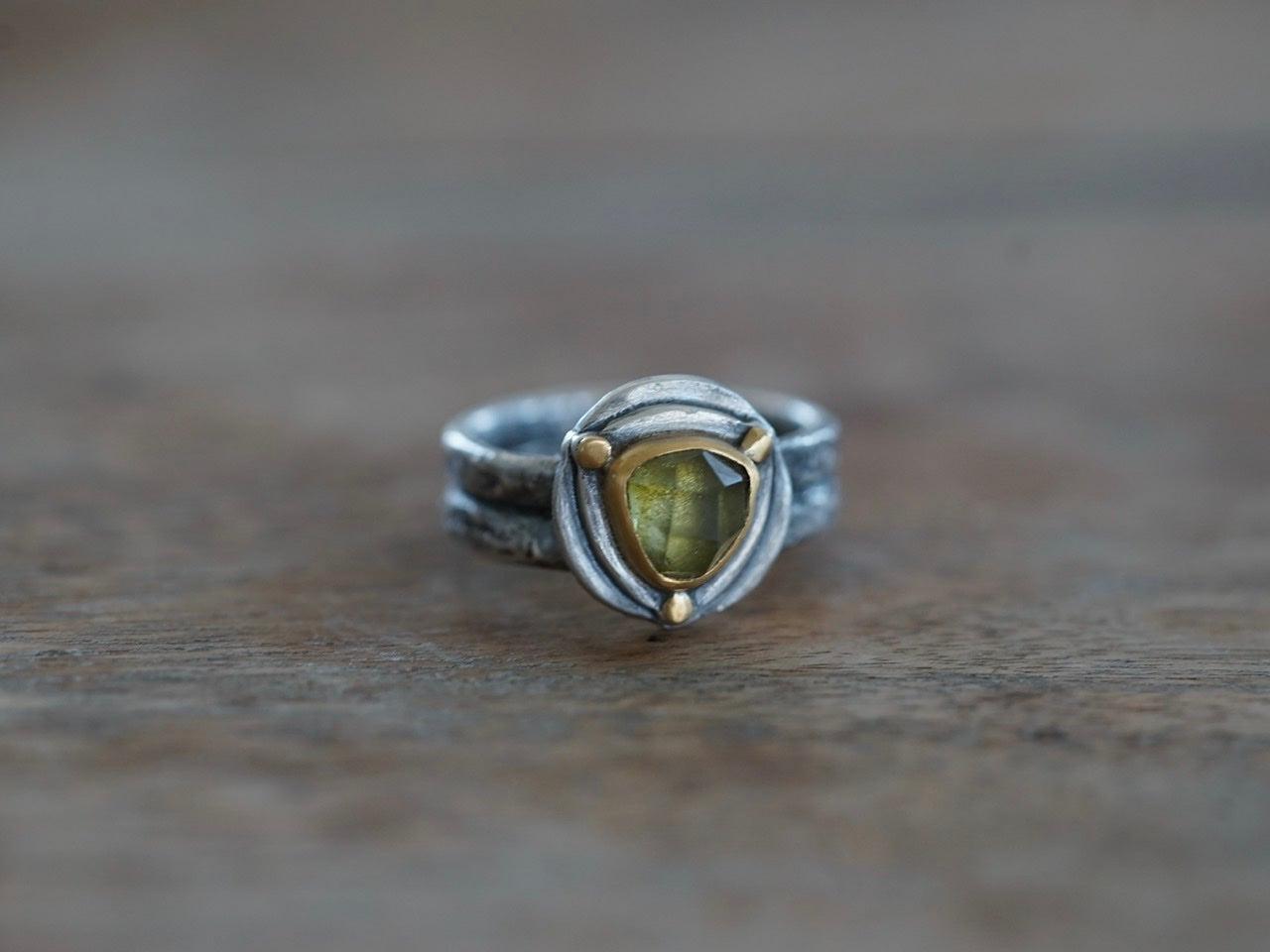 Triangular green tourmaline and 22k gold ring, size 6.25