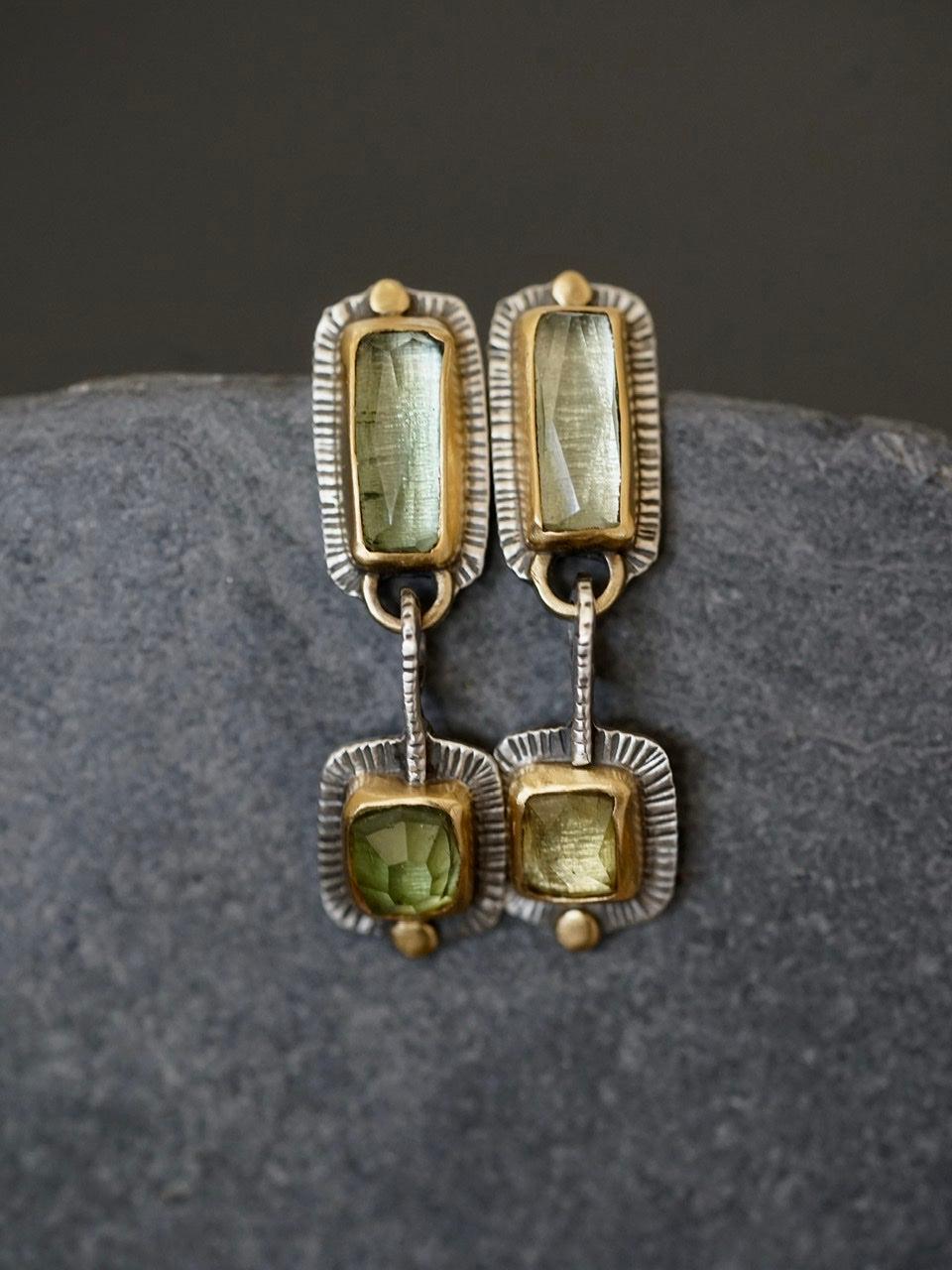 RESERVED for Ness, payment 1/2 Green tourmaline and 22k gold dangly drop earrings