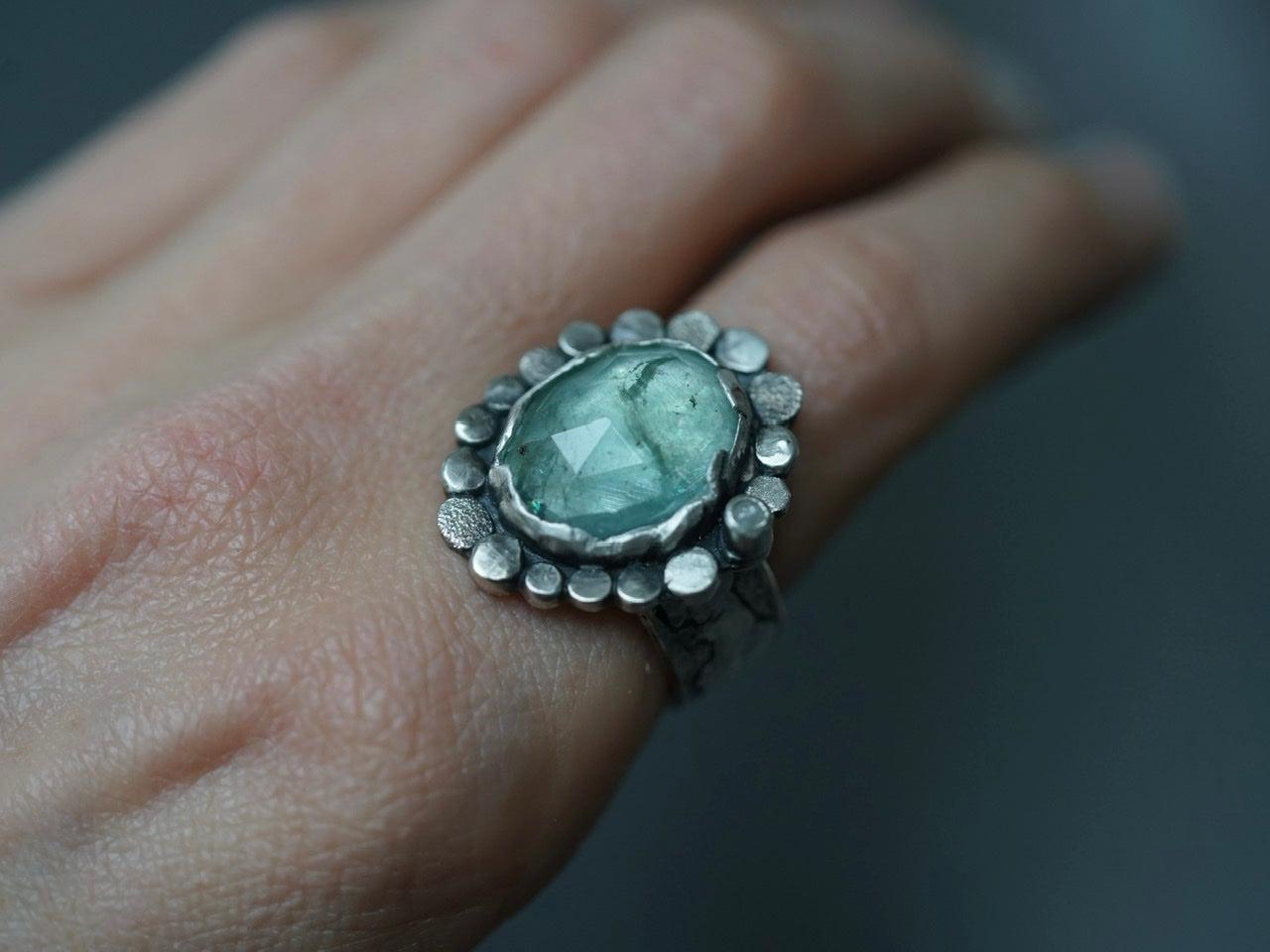 Large aquamarine and raw diamond statement ring size 9.5