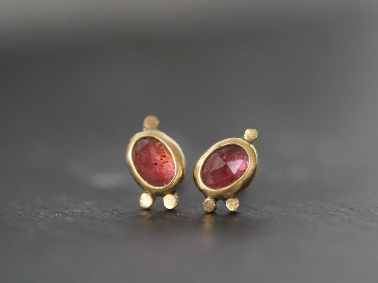 Rose cut pink tourmaline and 22k gold post earrings