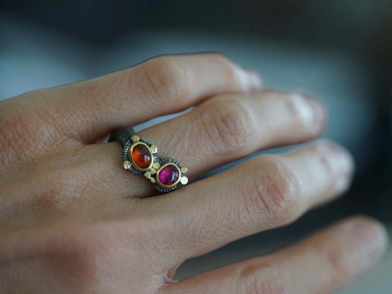 Gold embellished garnet and tourmaline ring, size 6.25