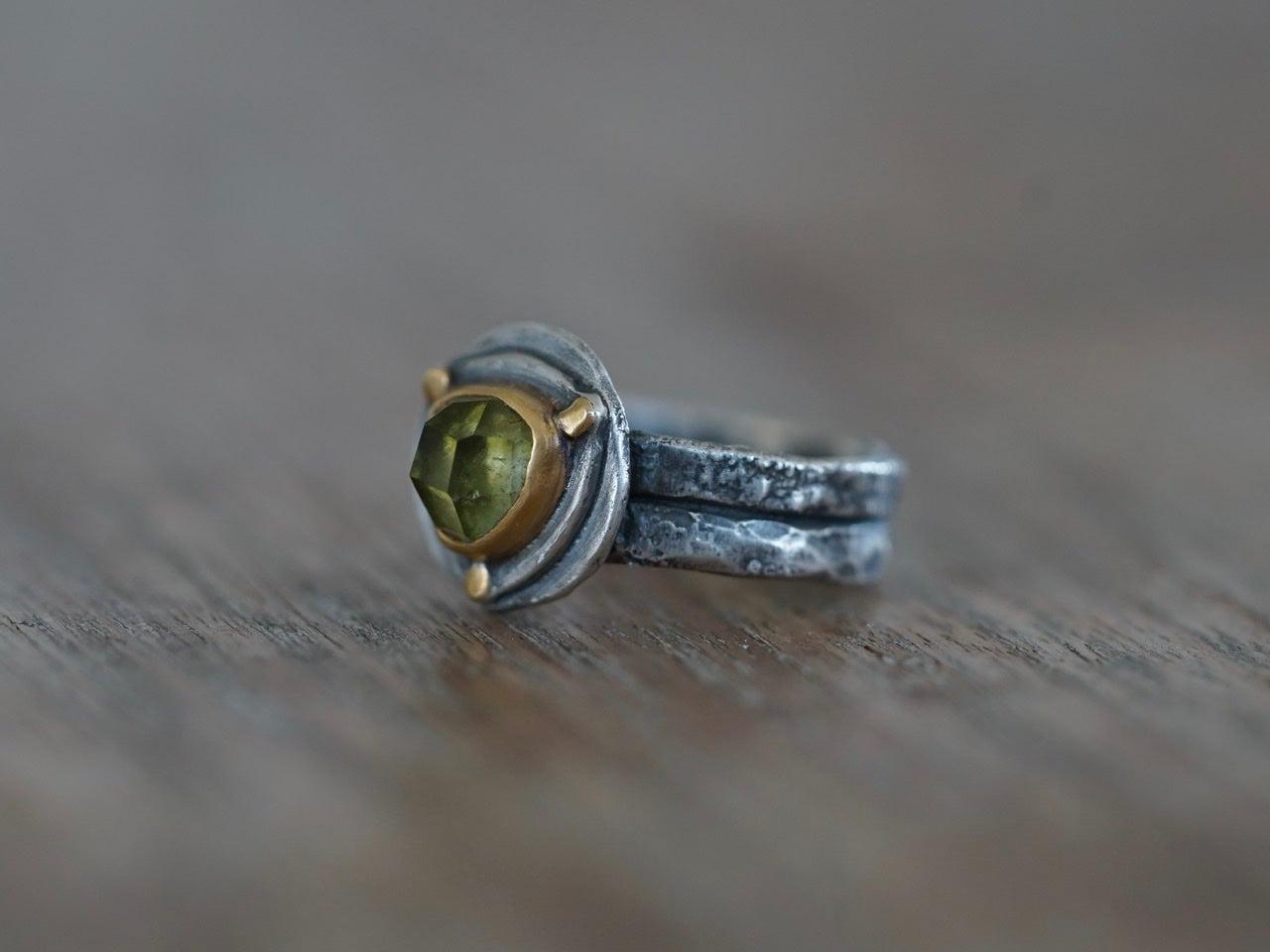Triangular green tourmaline and 22k gold ring, size 6.25