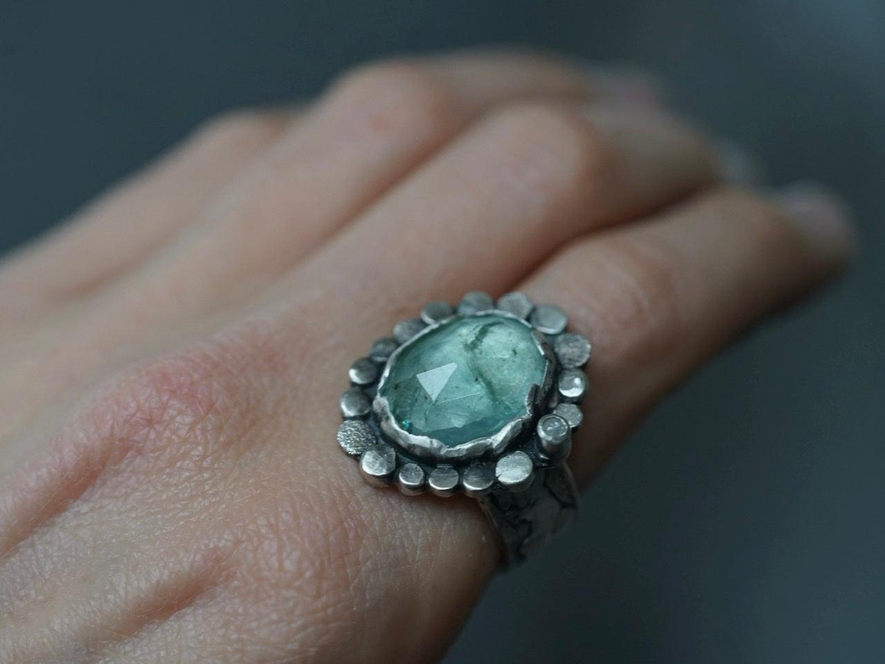 Large aquamarine and raw diamond statement ring size 9.5