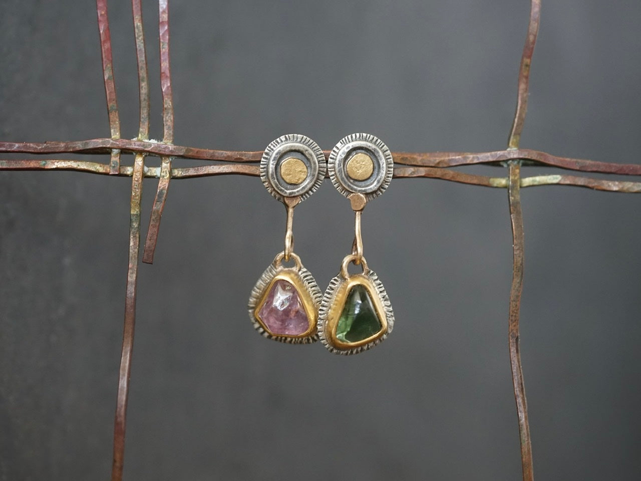 Asymmetrical tourmaline and spinel post earrings with gold