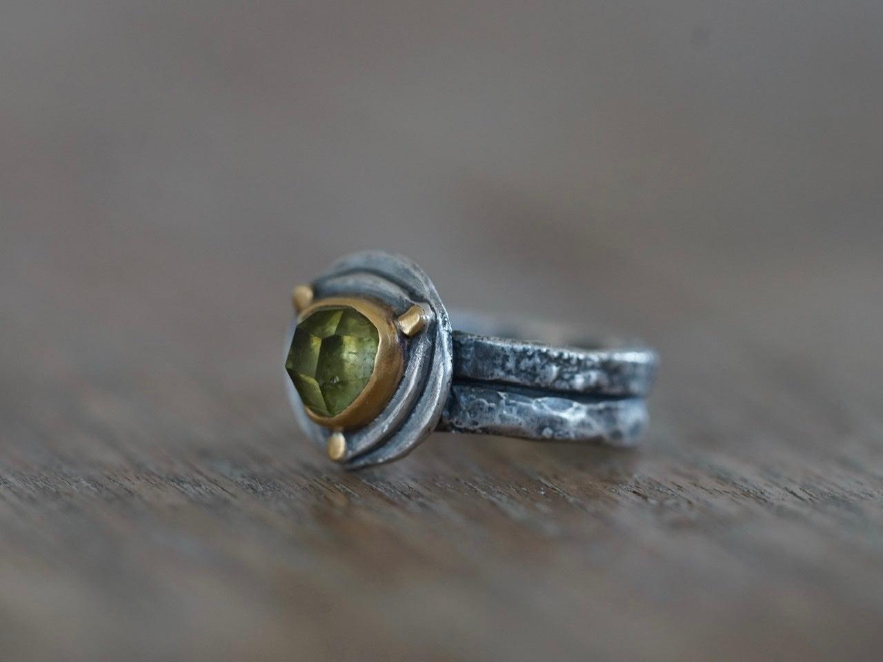 Triangular green tourmaline and 22k gold ring, size 6.25