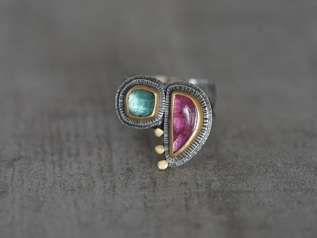 Exquisite pink and aqua blue tourmaline statement ring, size 6