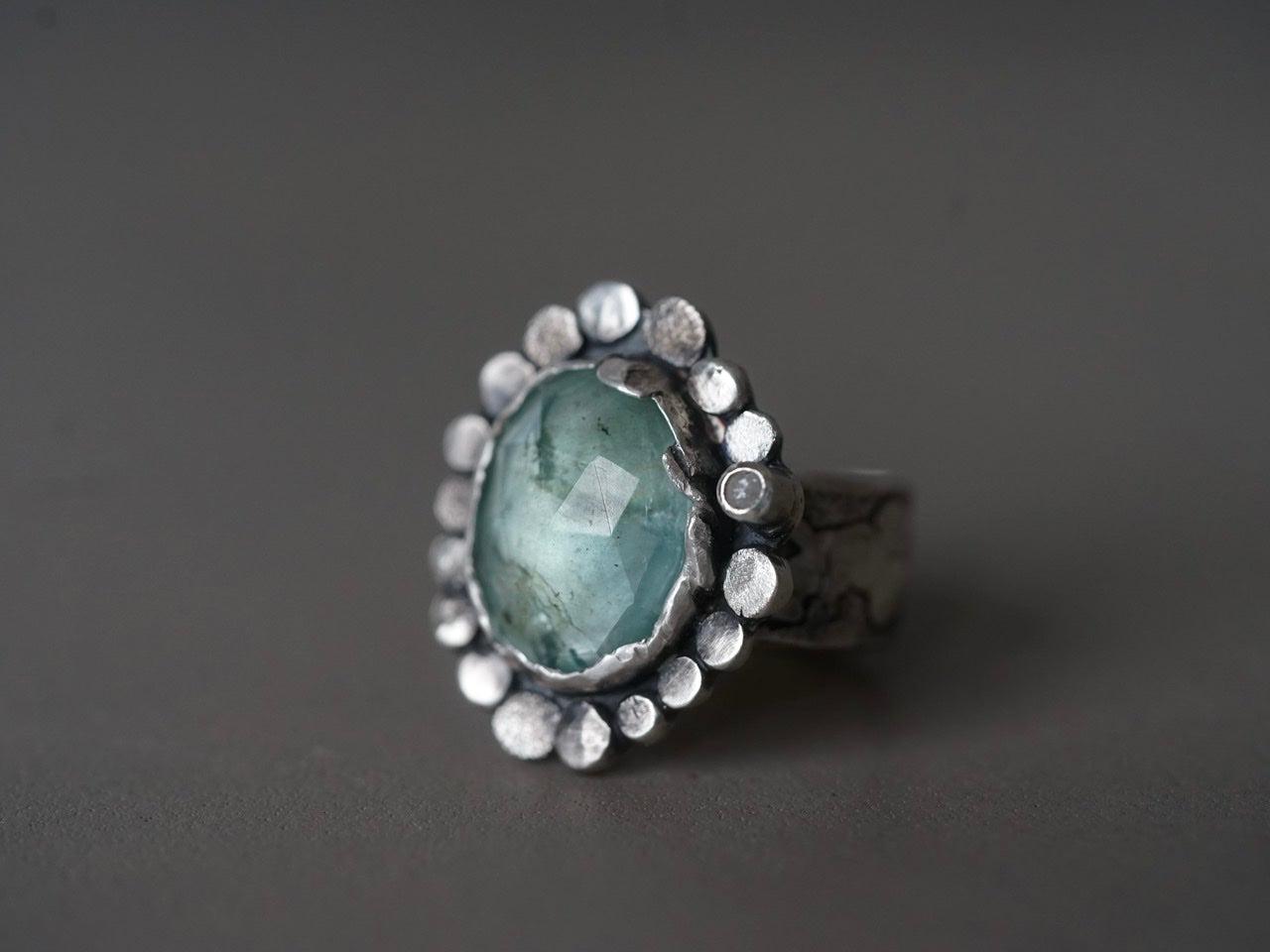 Large aquamarine and raw diamond statement ring size 9.5