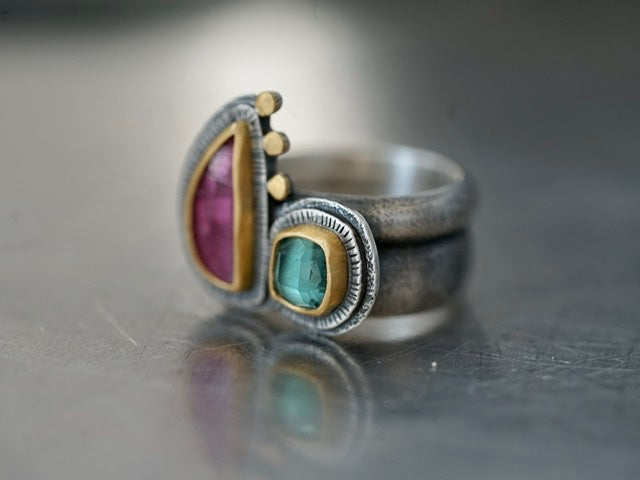 Exquisite pink and aqua blue tourmaline statement ring, size 6