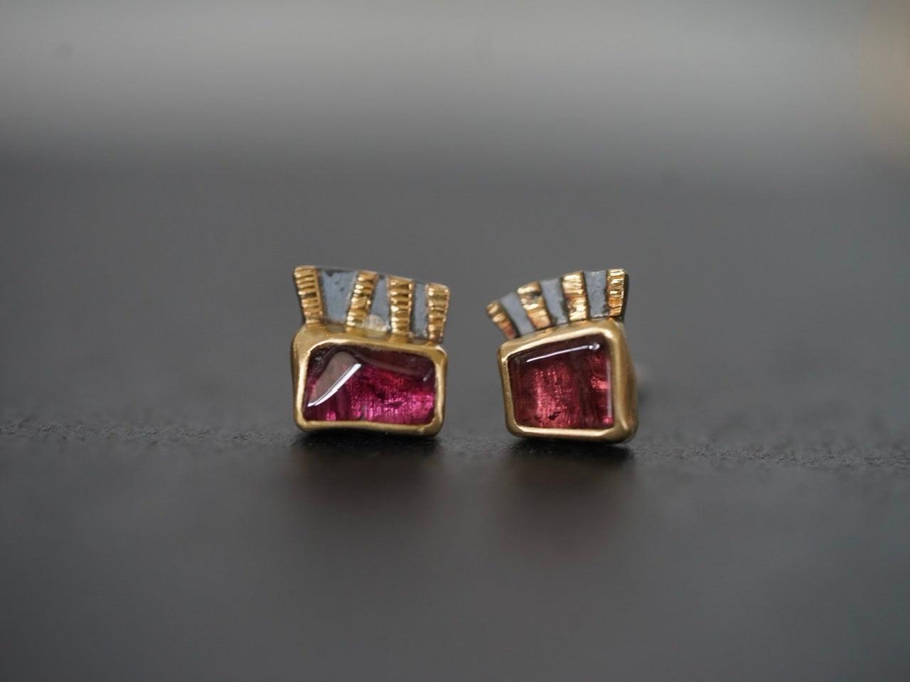 Fuchsia tourmaline and 22k gold asymmetrical post earrings