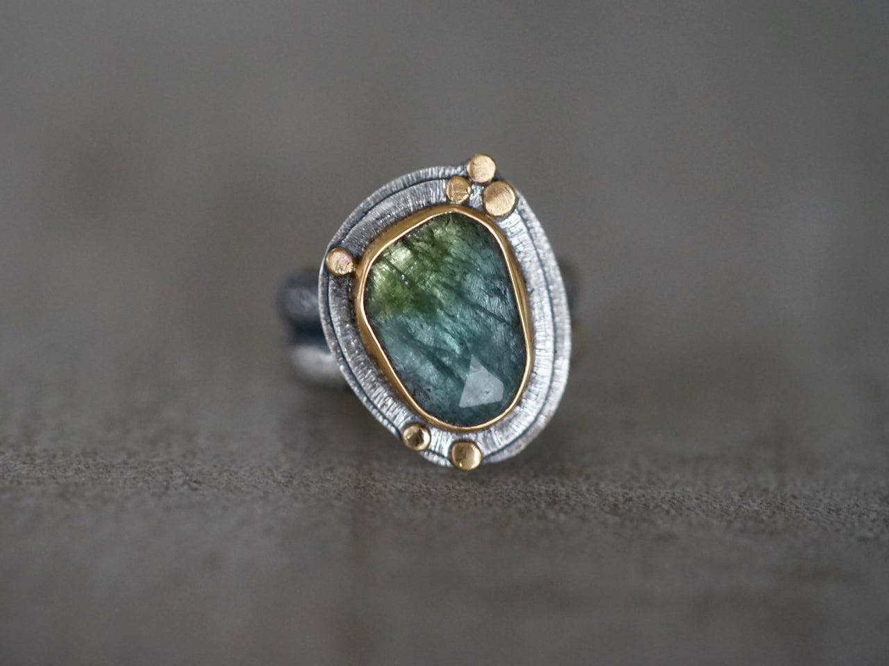 RESERVED Blue green Tourmaline and 22k gold ring, size 7