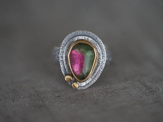 RESERVED bicoloured Tourmaline and 22k gold ring, size 6