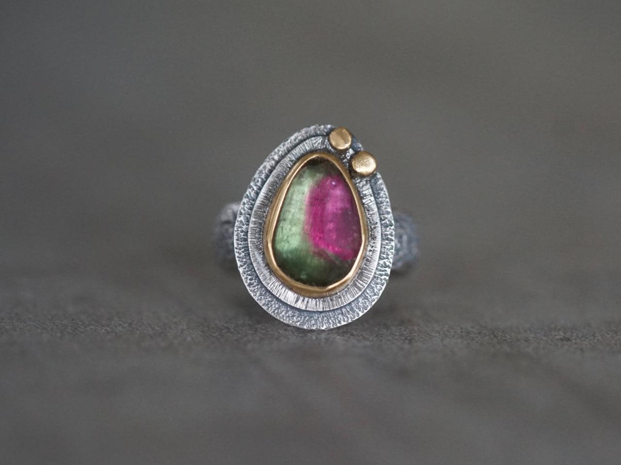 RESERVED bicoloured Tourmaline and 22k gold ring, size 6