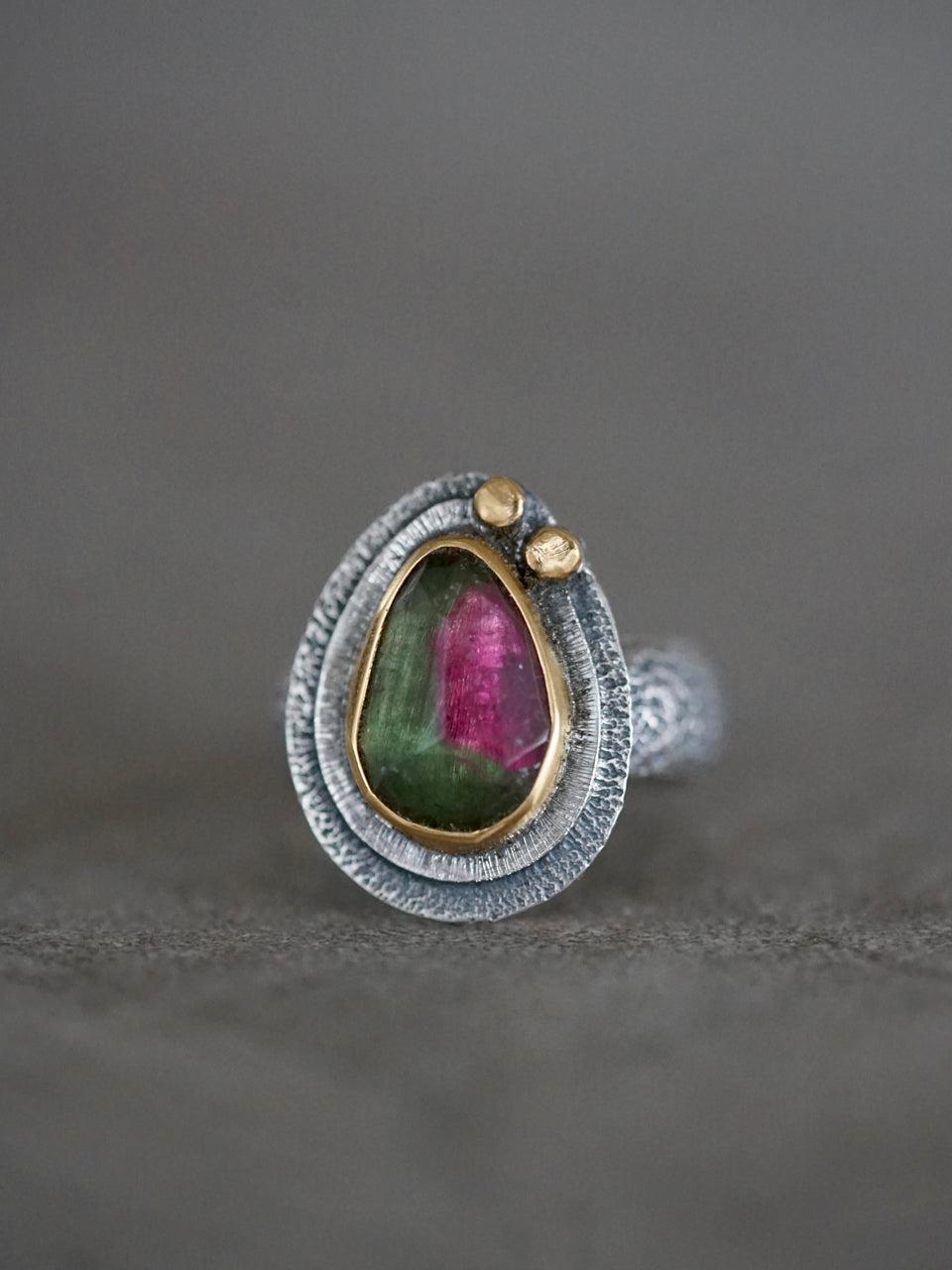 RESERVED bicoloured Tourmaline and 22k gold ring, size 6
