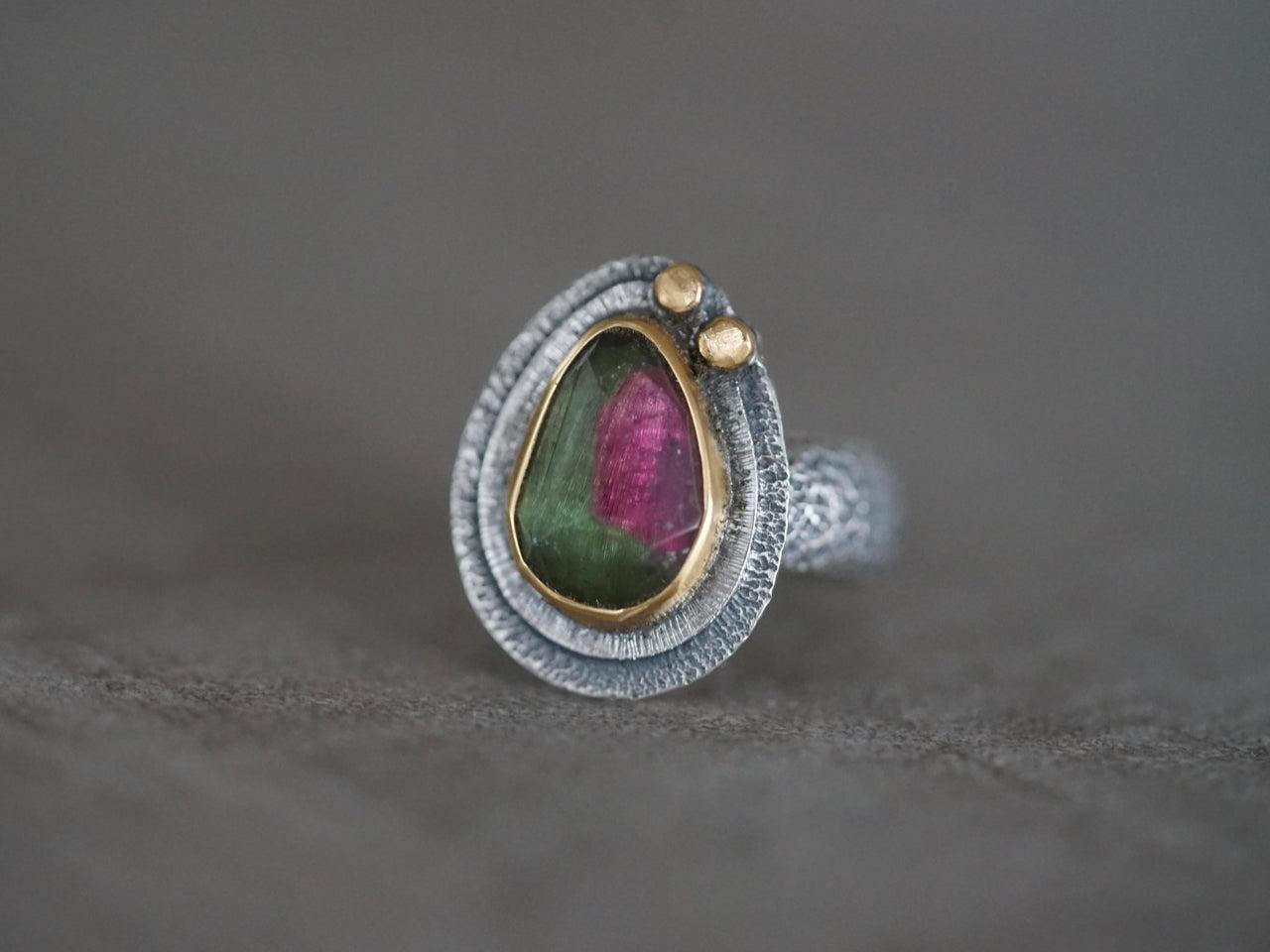 RESERVED bicoloured Tourmaline and 22k gold ring, size 6