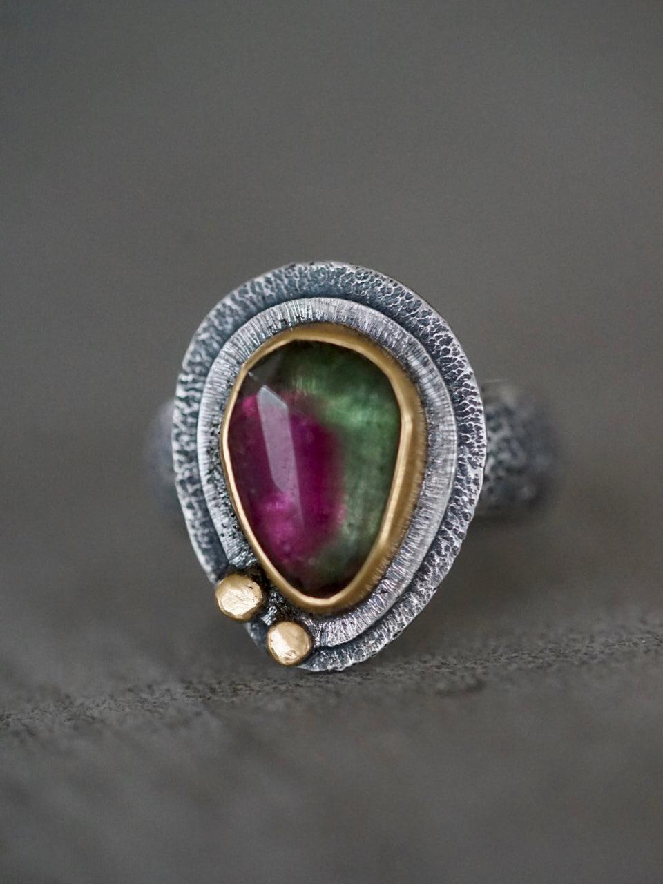 RESERVED bicoloured Tourmaline and 22k gold ring, size 6
