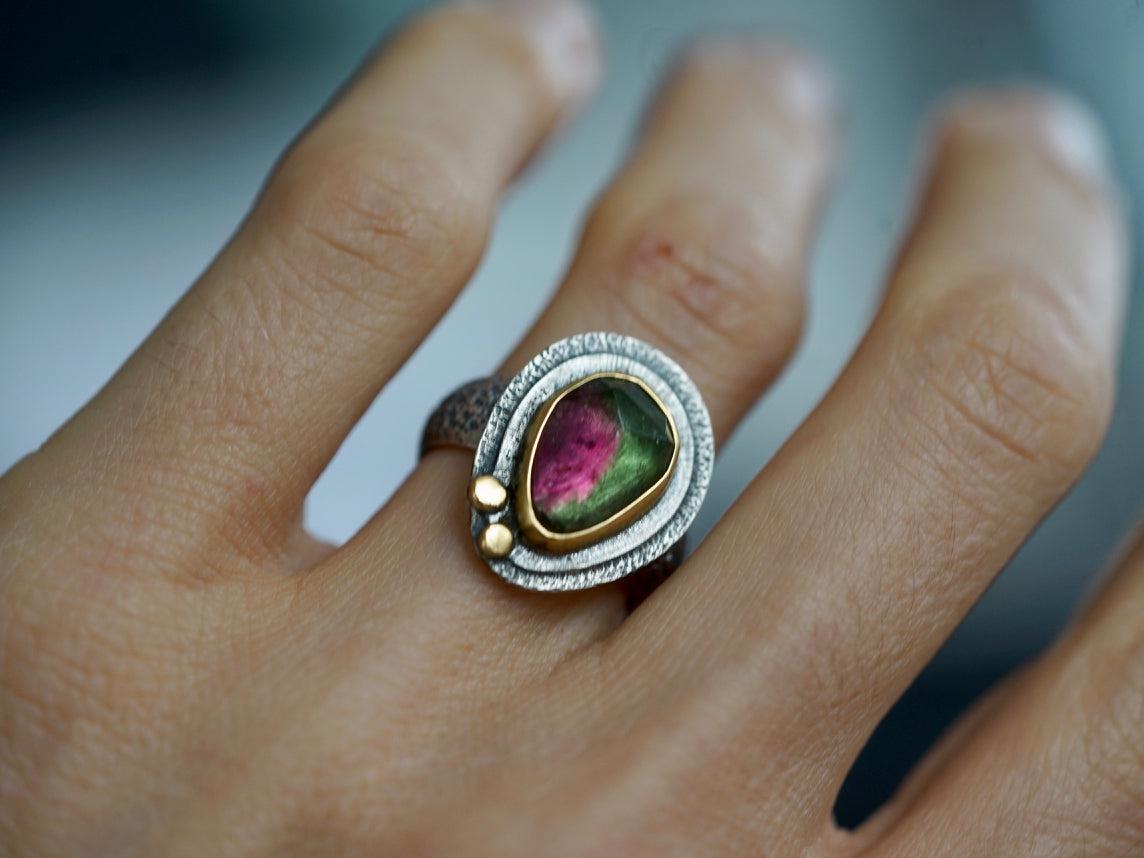RESERVED bicoloured Tourmaline and 22k gold ring, size 6