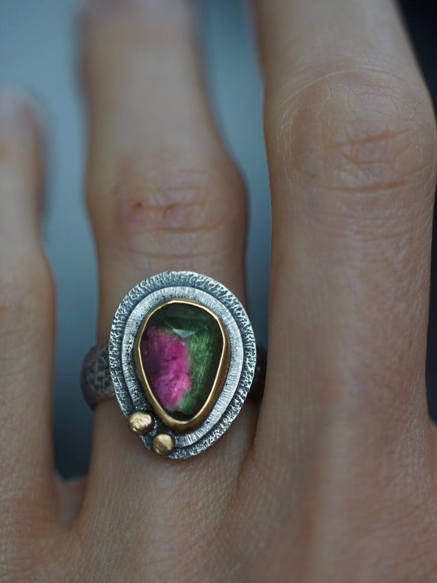 RESERVED bicoloured Tourmaline and 22k gold ring, size 6