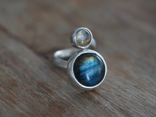Sterling silver spiral ring, rutilated quartz, labradorite, size 7