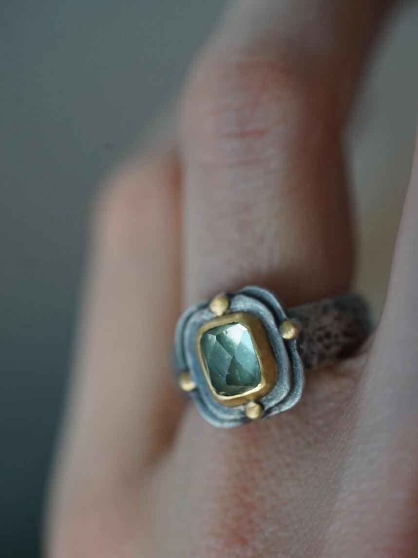 rectangular green tourmaline and 22k gold ring, size 6.75