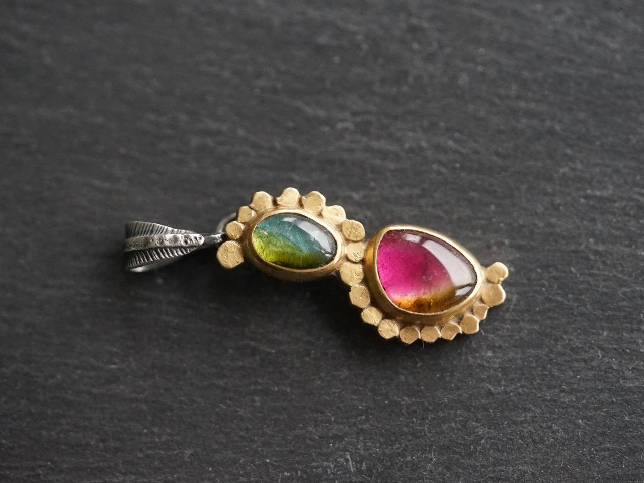 Elegant watermelon tourmaline and 22k gold accent pendant