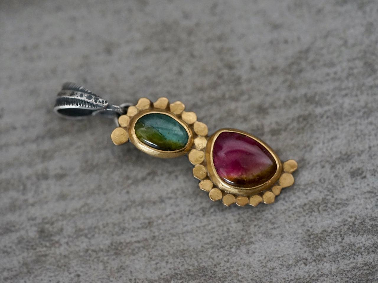 Elegant watermelon tourmaline and 22k gold accent pendant