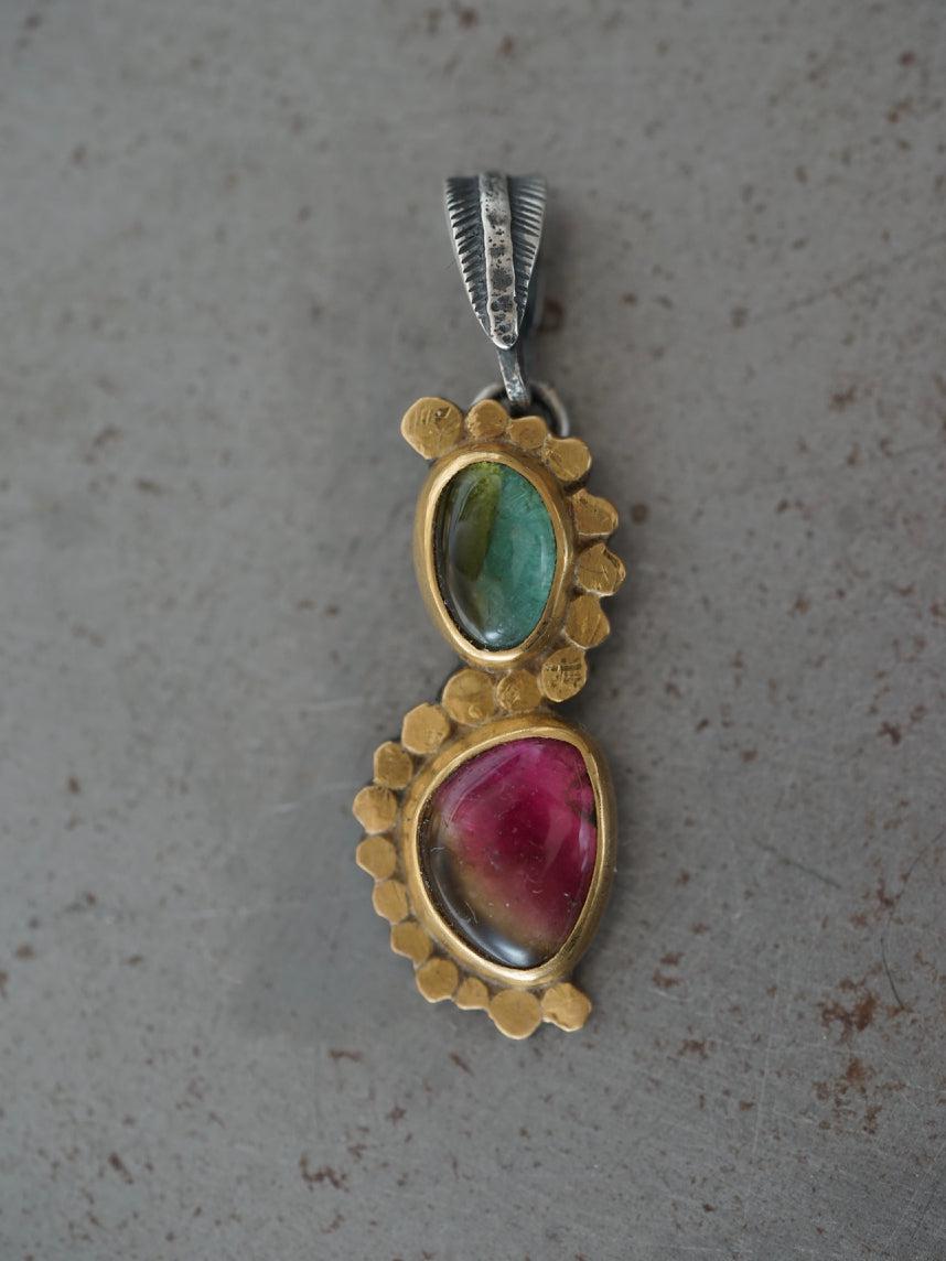 Elegant watermelon tourmaline and 22k gold accent pendant