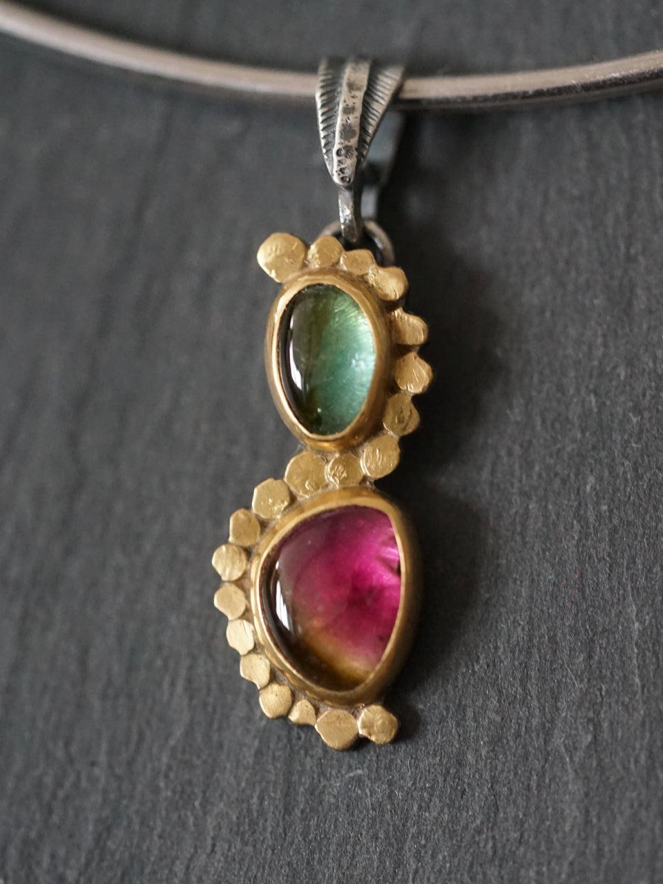 Elegant watermelon tourmaline and 22k gold accent pendant