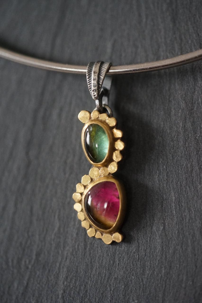 Elegant watermelon tourmaline and 22k gold accent pendant