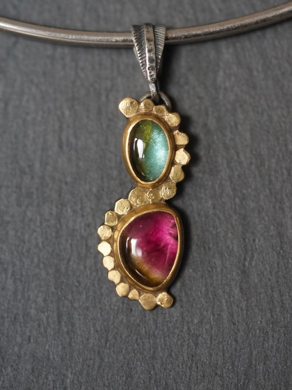 Elegant watermelon tourmaline and 22k gold accent pendant