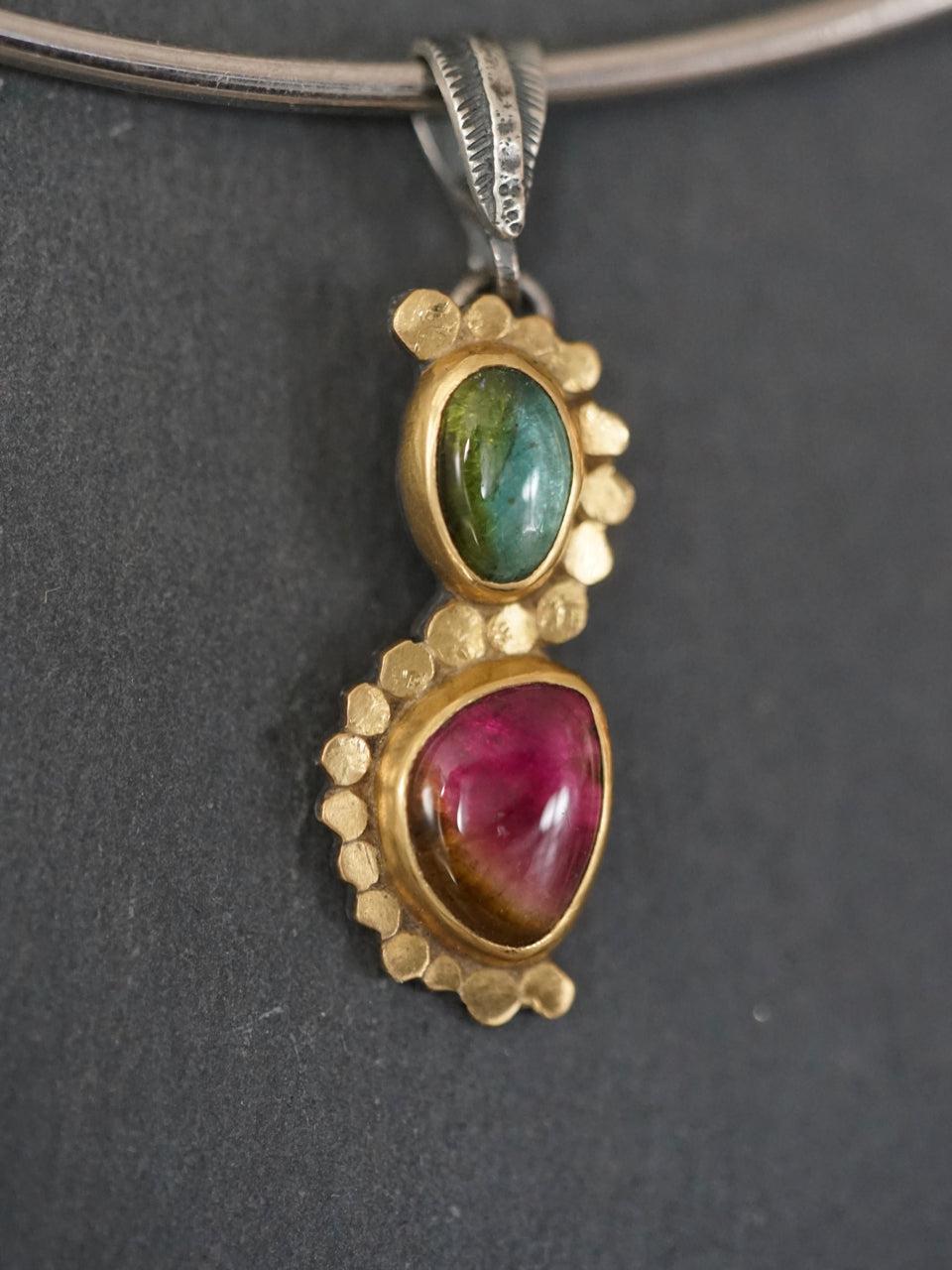 Elegant watermelon tourmaline and 22k gold accent pendant