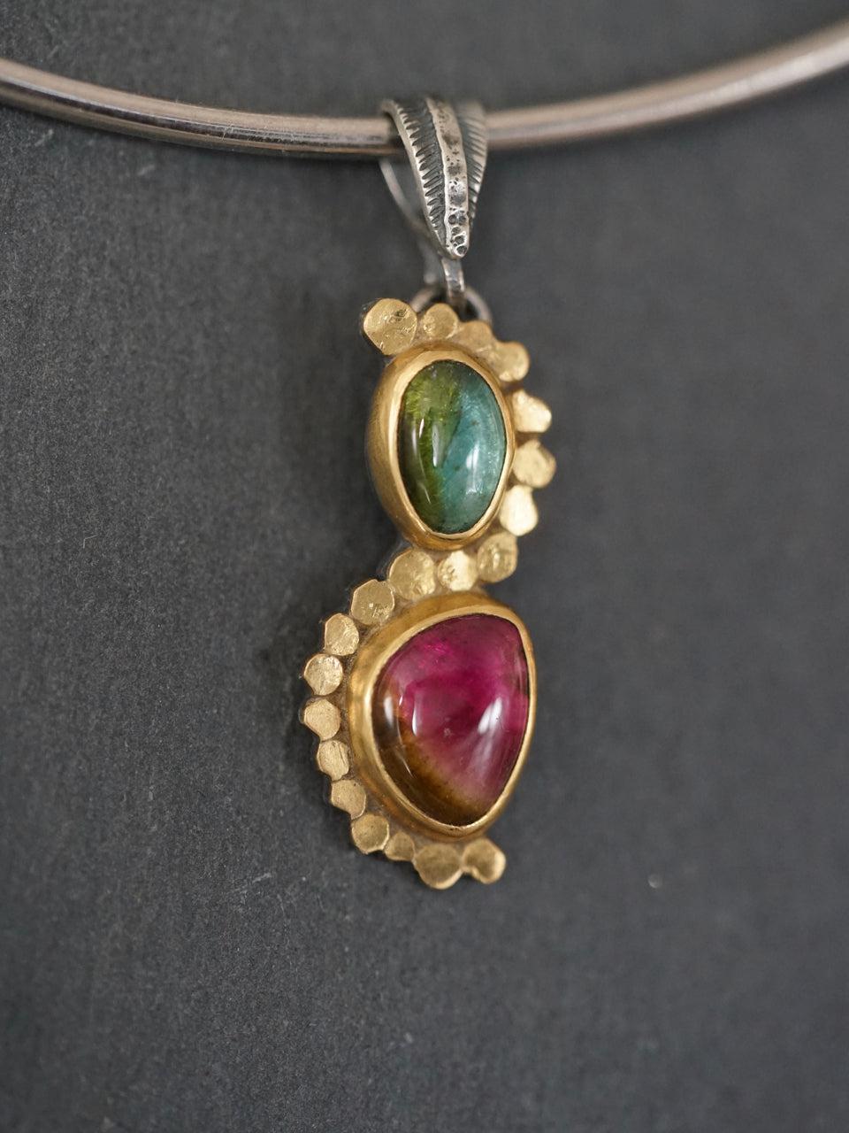 Elegant watermelon tourmaline and 22k gold accent pendant