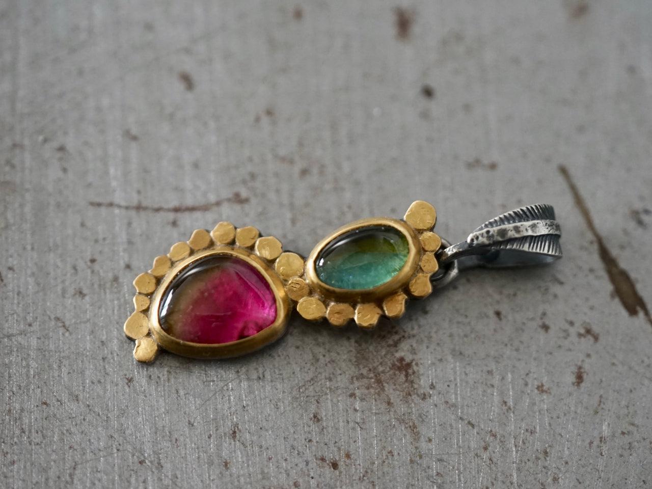Elegant watermelon tourmaline and 22k gold accent pendant