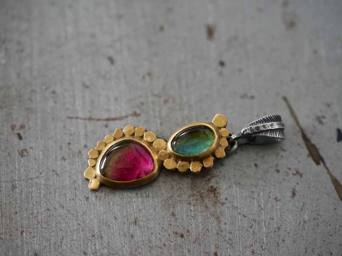 Elegant watermelon tourmaline and 22k gold accent pendant