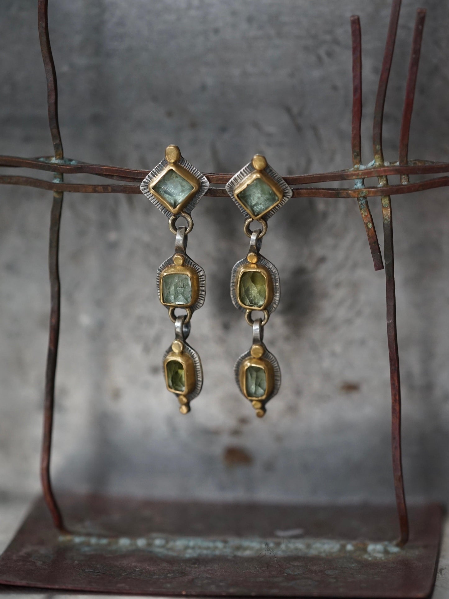 Dangly light green tourmaline and 22K gold earrings