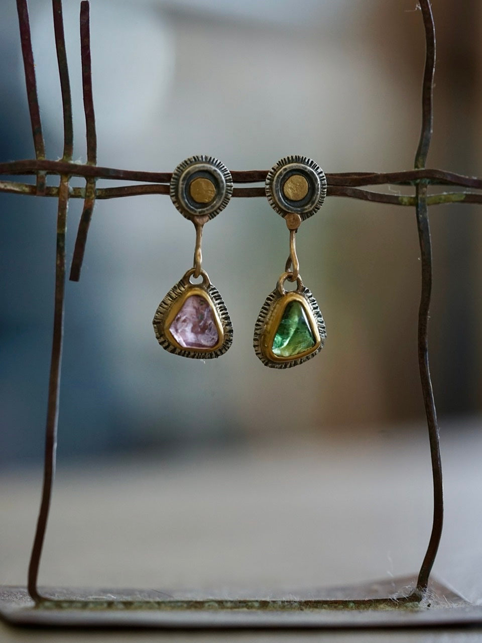 Asymmetrical tourmaline and spinel post earrings with gold