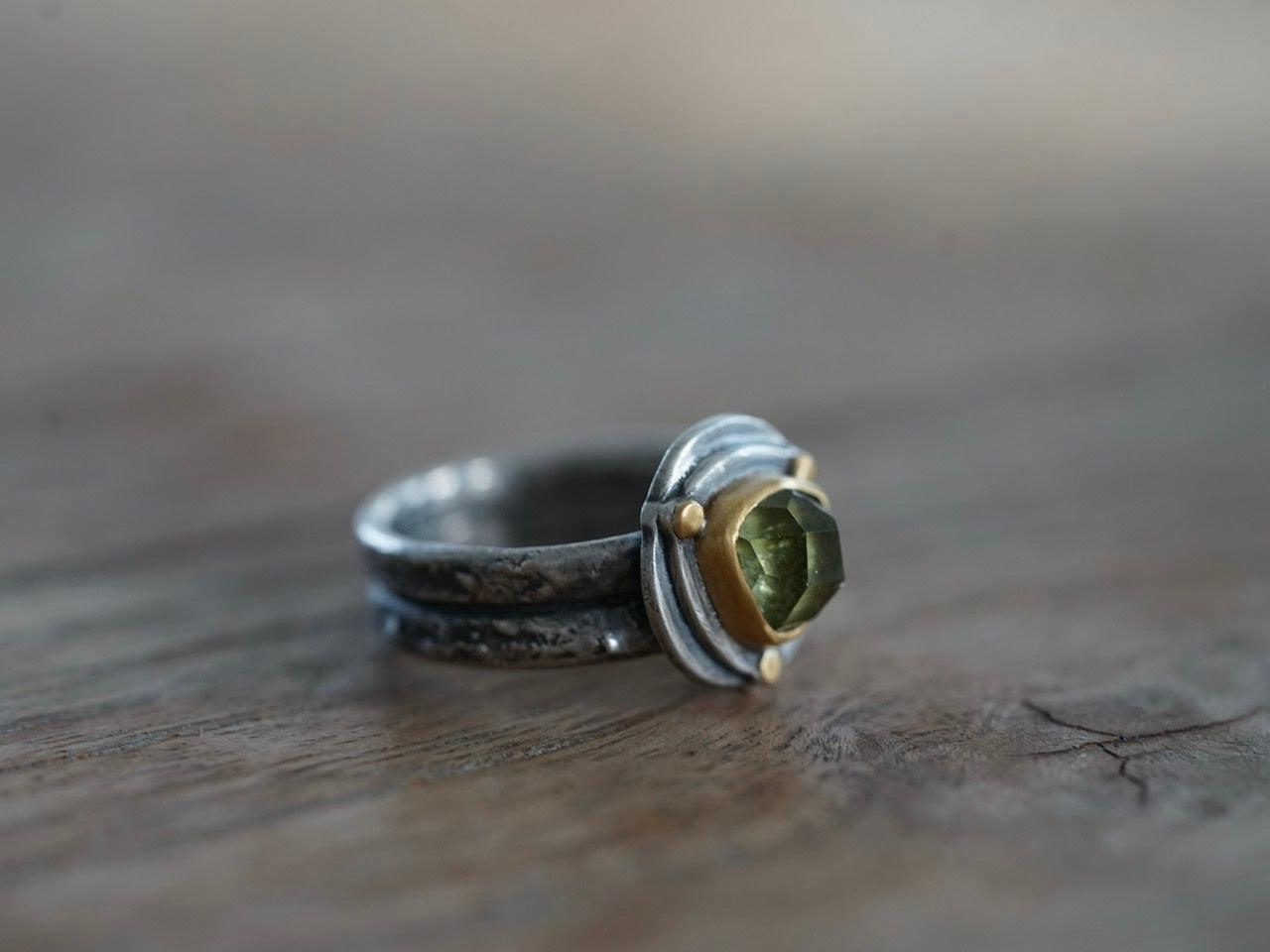 Triangular green tourmaline and 22k gold ring, size 6.25