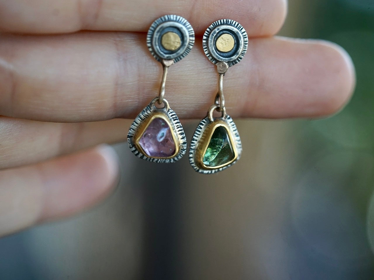 Asymmetrical tourmaline and spinel post earrings with gold