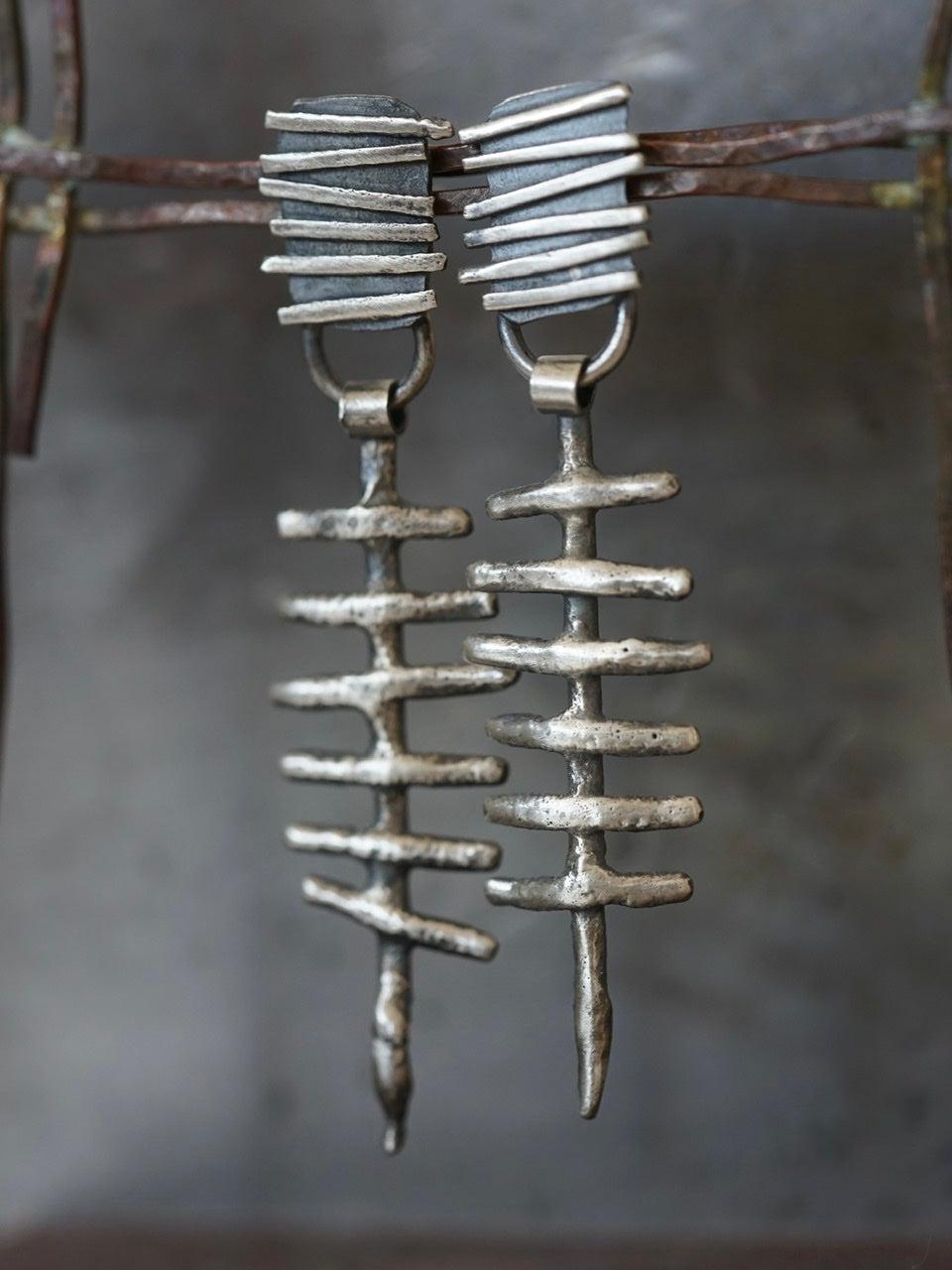 Remnants/ withered series, large skeletal sterling silver earrings