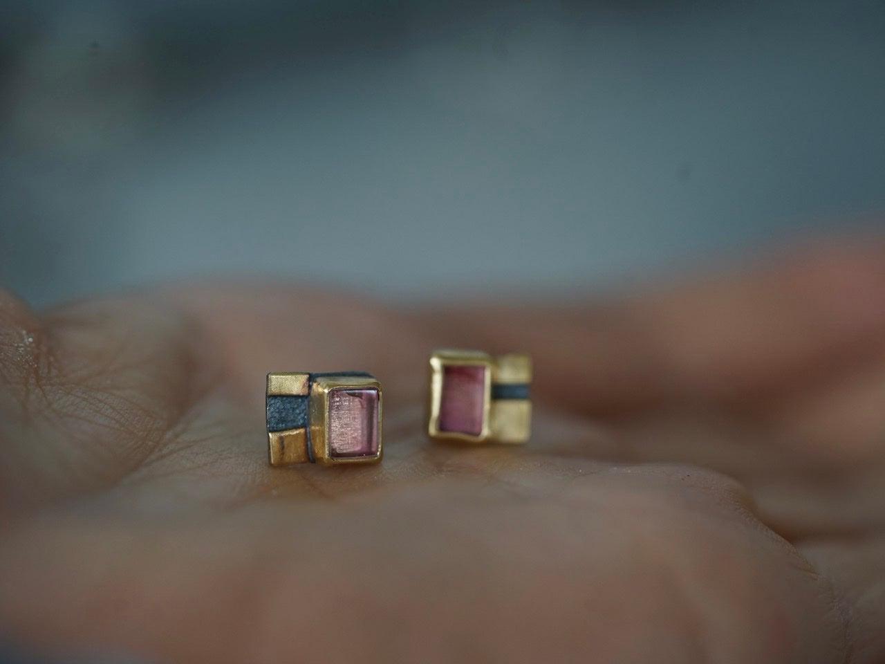 Rose colored tourmaline and 22k gold post earrings
