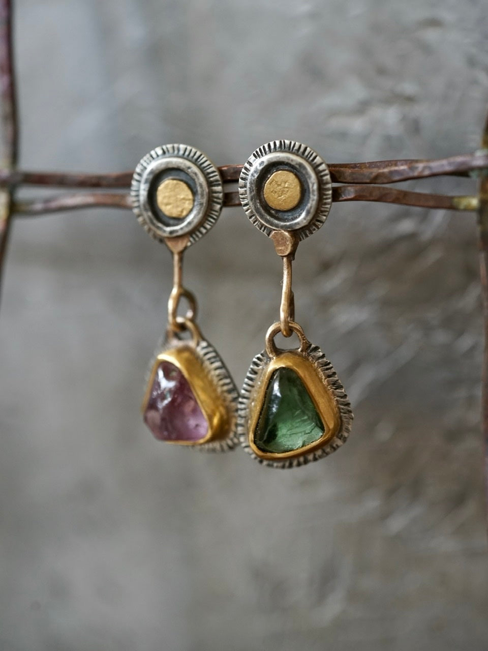 Asymmetrical tourmaline and spinel post earrings with gold