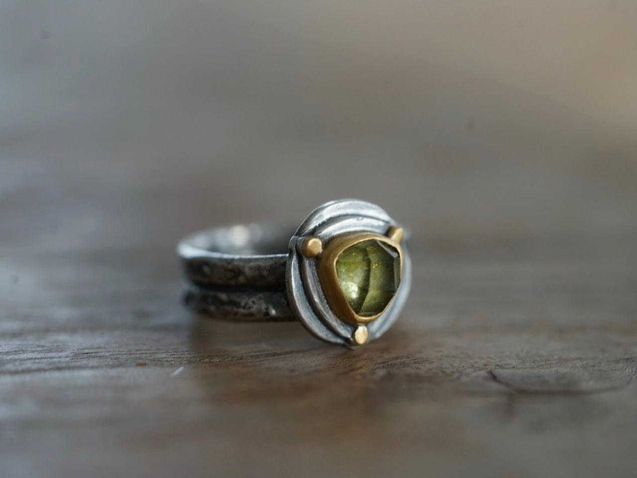 Triangular green tourmaline and 22k gold ring, size 6.25