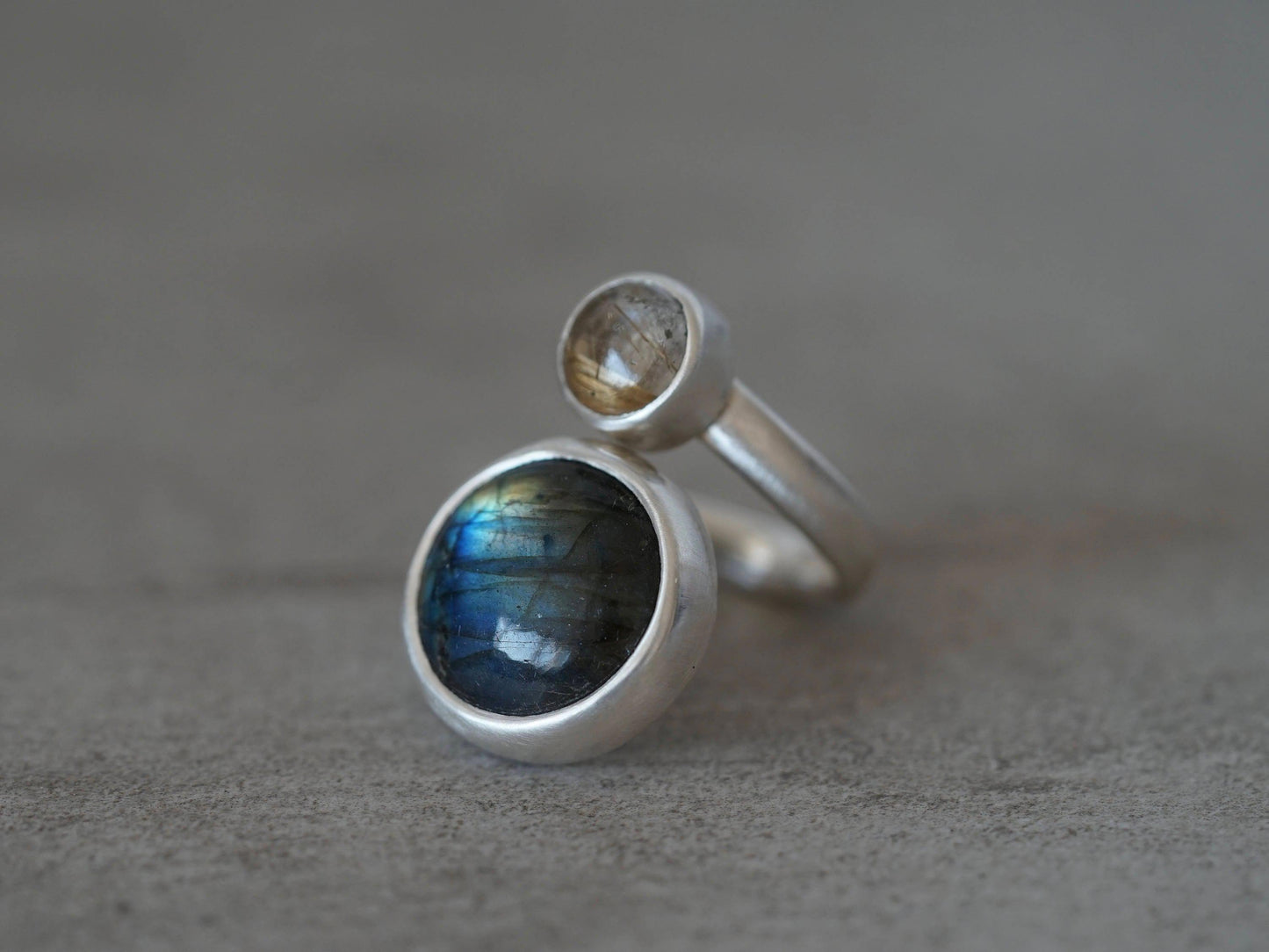 Sterling silver spiral ring, rutilated quartz, labradorite, size 7