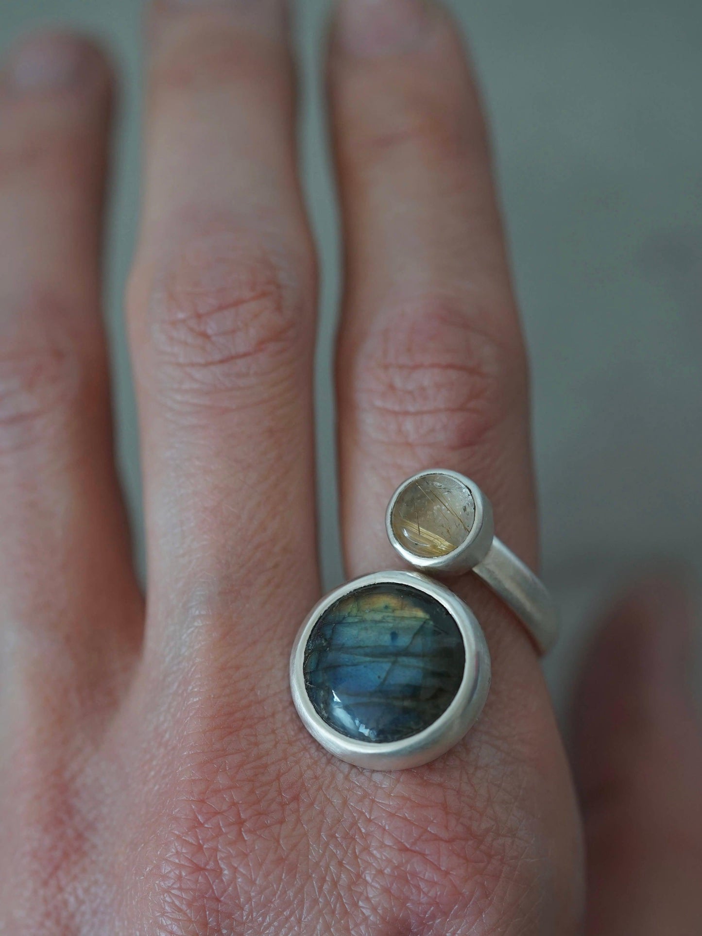 Sterling silver spiral ring, rutilated quartz, labradorite, size 7