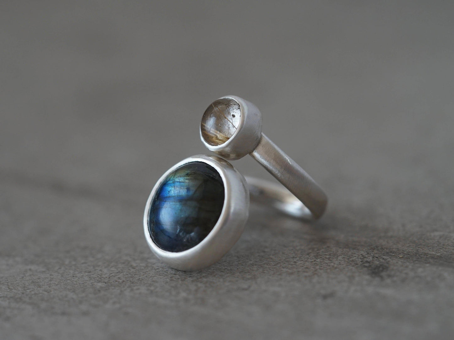 Sterling silver spiral ring, rutilated quartz, labradorite, size 7
