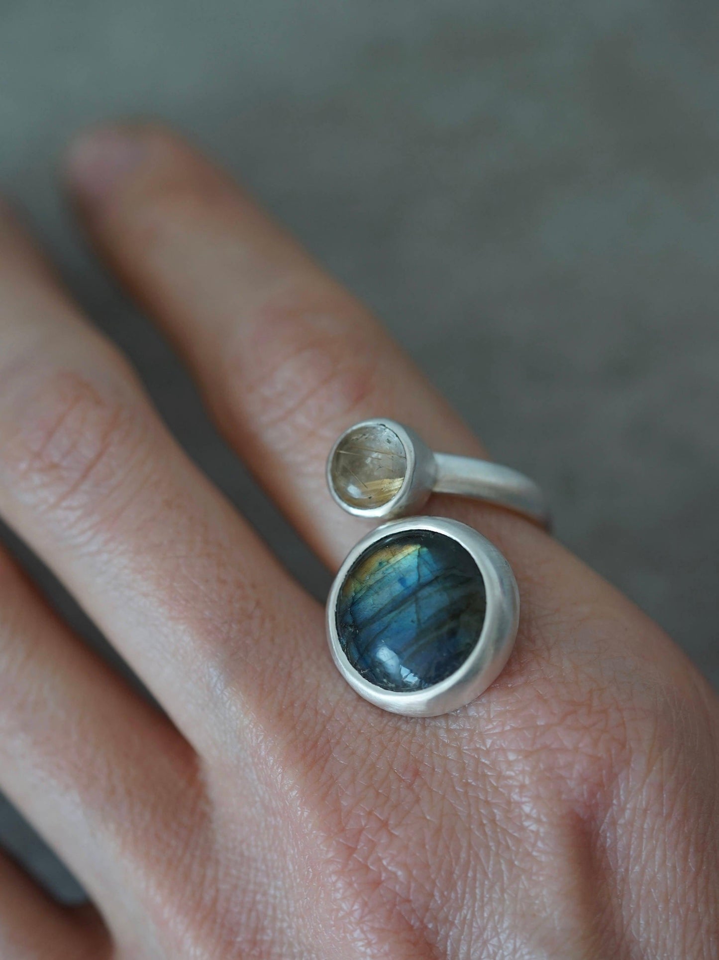 Sterling silver spiral ring, rutilated quartz, labradorite, size 7