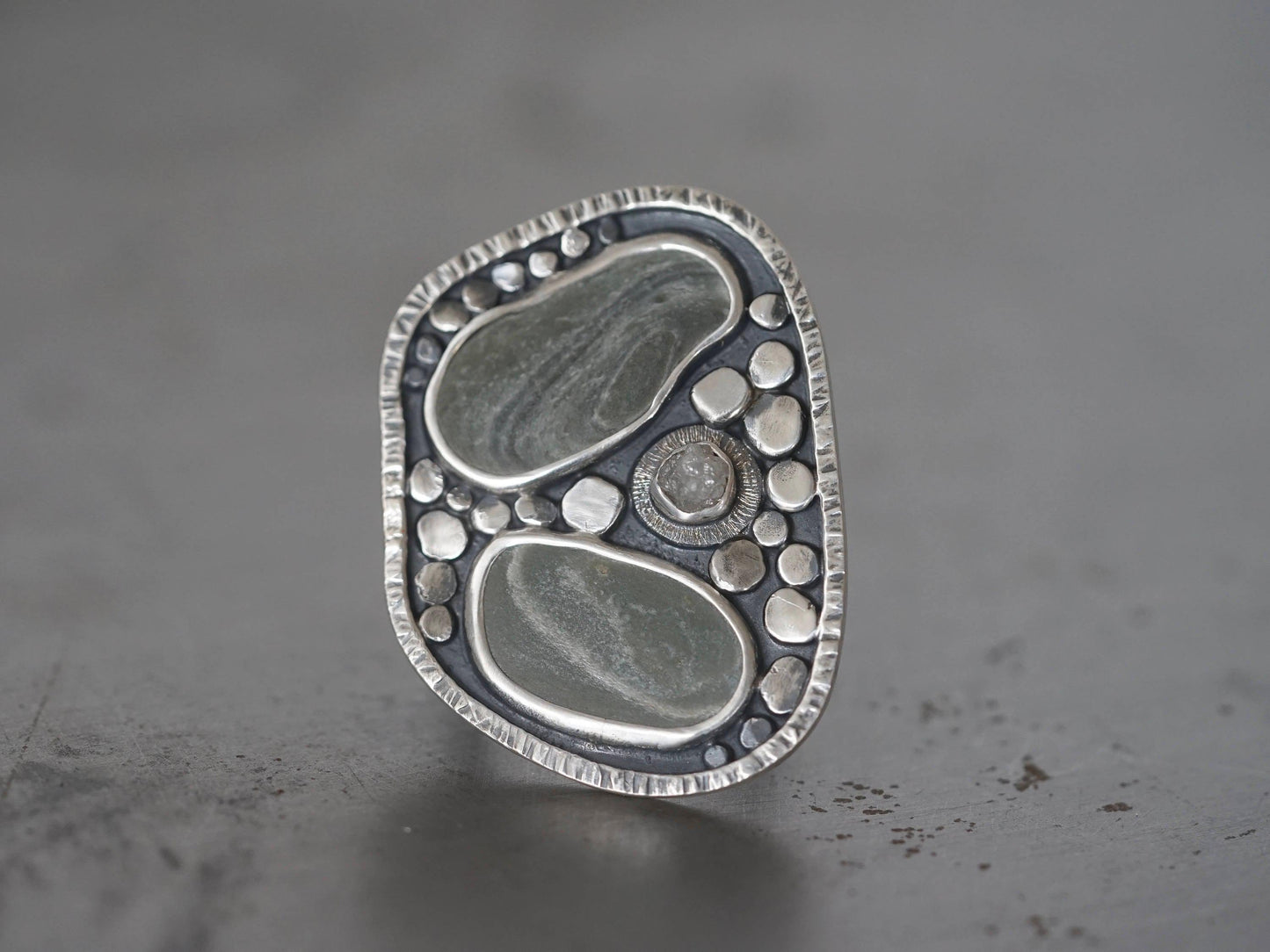 River rock ring, pebble and raw diamond ring, size 8.25